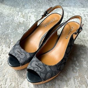 Black/tan Coach cork wedges